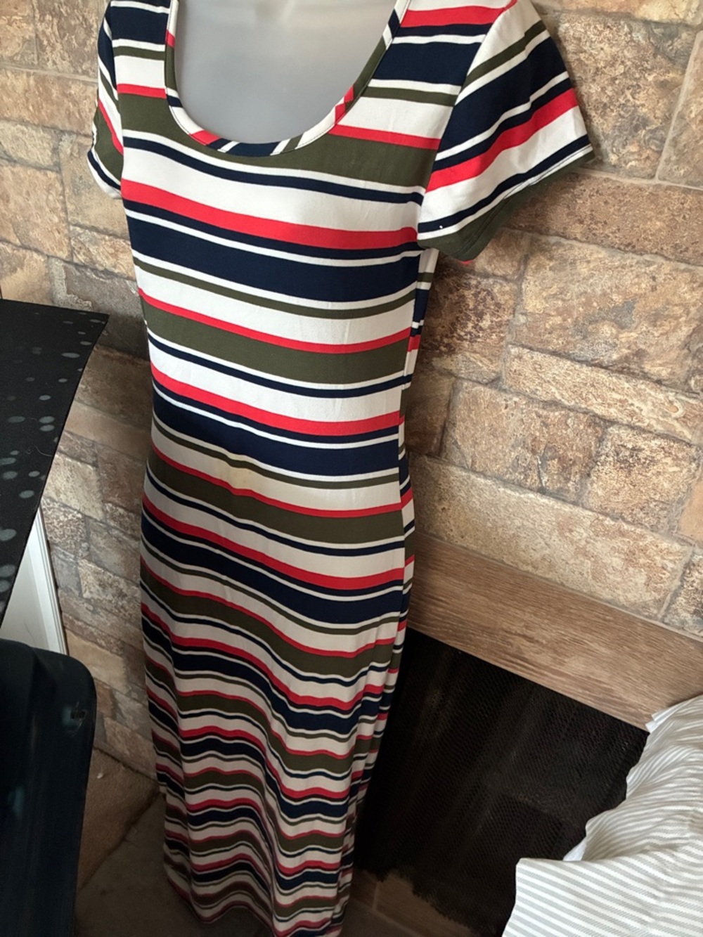 Striped Scoop-Neck Maxi Dress in Navy, Olive, White & Red